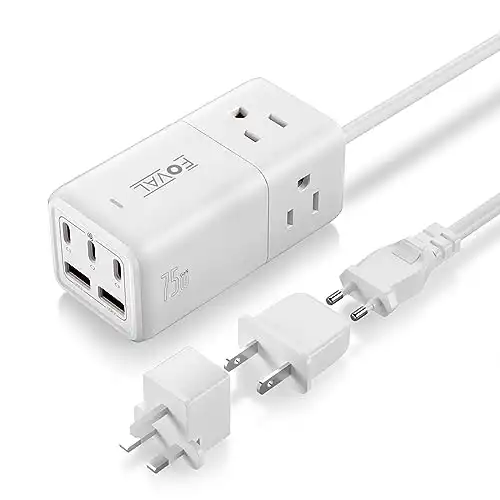 European Travel Plug Adapter, 75W USB C Charger with 5 USB Ports, 3 AC Outlets, 5ft Extension Cord