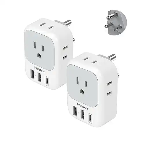 Type D Travel Adapter with 4 Outlets 3 USB Charger (1 USB C Port), for use in Bangladesh, India, Kuwait, Maldives