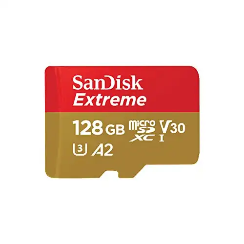 SanDisk 128GB Extreme microSDXC UHS-I Memory Card with Adapter - Up to 190MB/s, C10, U3, V30, 4K, 5K, A2, Micro SD Card