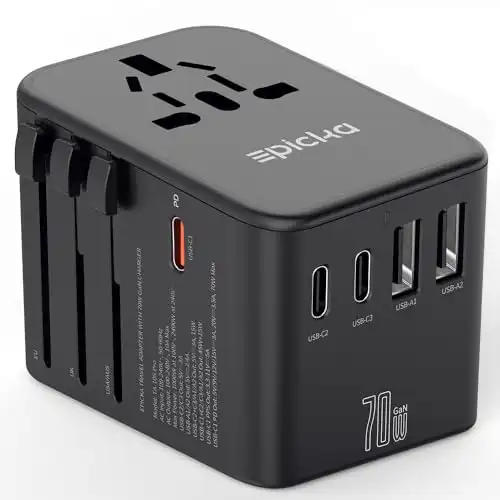 Universal Travel Adapter with 3 USB-C 70W & 2 USB-A Wall Charger for USA EU UK AUS