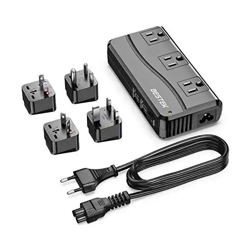 100-220V to 110V Voltage Converter 250W with 6A 4-Port USB Charging 3 AC Sockets and EU/UK/AU/US/India Worldwide Plug Adapter (Black)