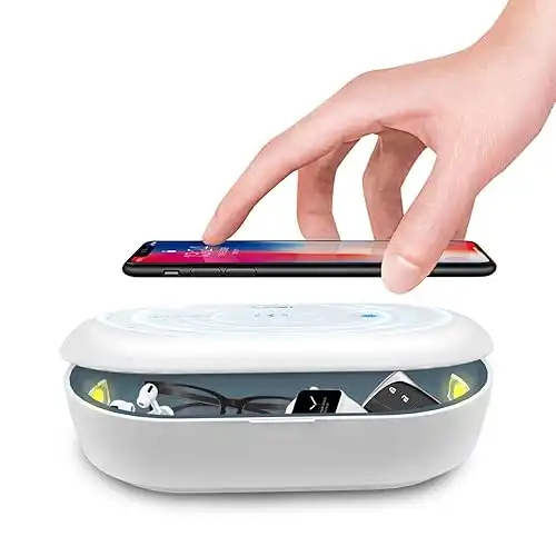 UV Light Sanitizer Box with Wireless Charging, 8 UV-C LED Lights for Phones, Toothbrushes, Nail Tools, Jewelry, and More (White)