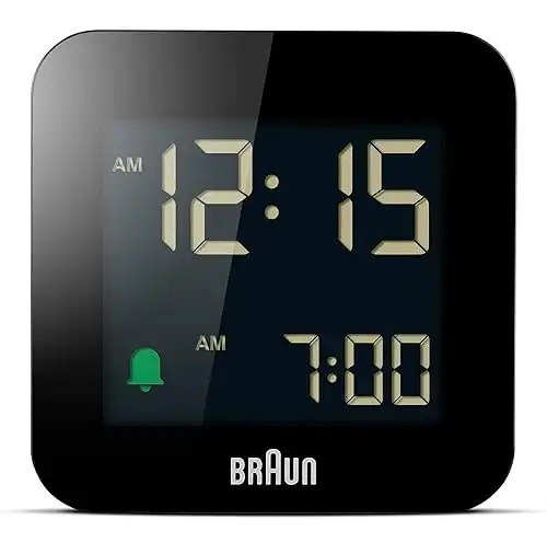 Braun Digital Travel Alarm Clock with Snooze, Negative LCD Display, Quick Set, Crescendo Beep Alarm